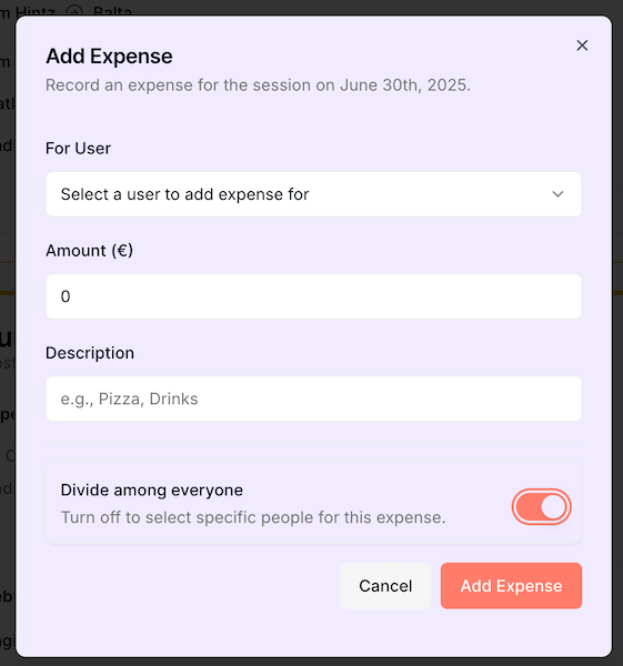 The session details modal showing comments.